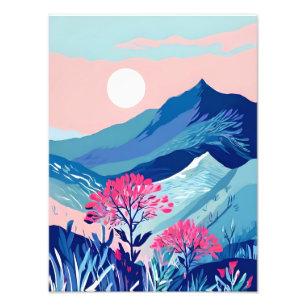 Ruhiger Sonnenuntergang in den Bergen mit rosa Blu Fotodruck