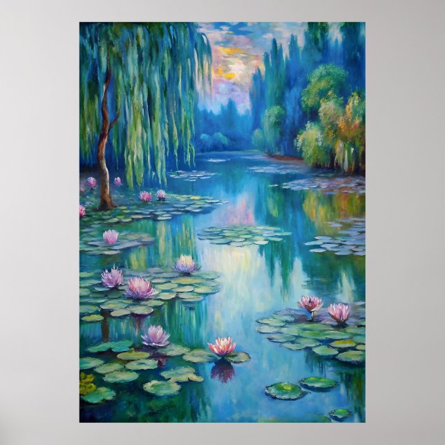 Ruhiger Teich mit Lilie Wasser bei Dämmerung Poster (Vorne)