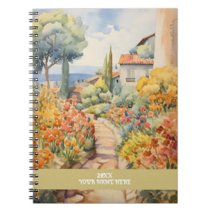 Ruhiger Weg durch den Blumengarten des Dorfes Notizblock