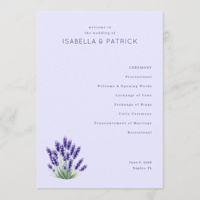 Ruhiges Lavendel-Blumen-Hochzeitsprogramm Programm (Vorderseite)