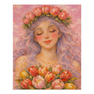 Ruhiges Mädchen mit rosa Tulpen Poster