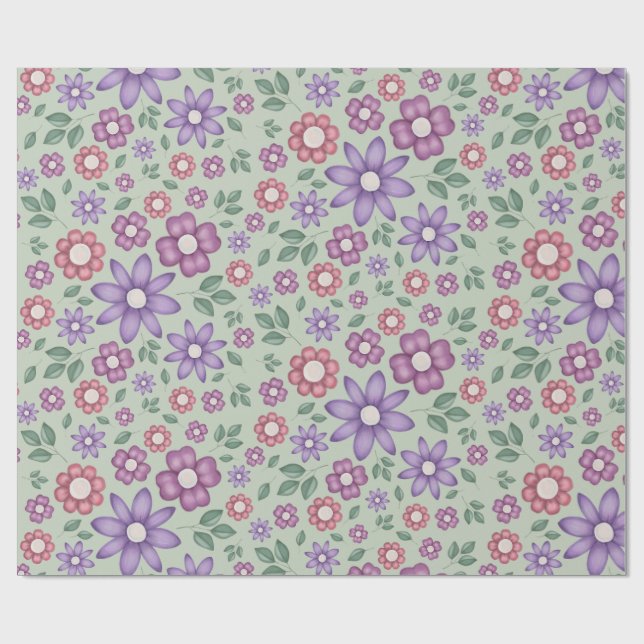 ruhiges Salbeigrün verspieltes Blumenmuster Geschenkpapier (Flach)