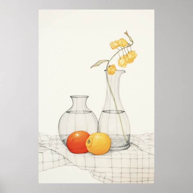 Ruhiges Stillleben mit Blüten und Obst Poster (Vorne)