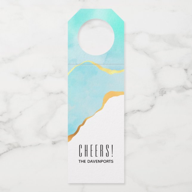 Ruhiges tropisches grünes Blau mit goldenen Grenze Flaschenanhänger (Vorderseite)