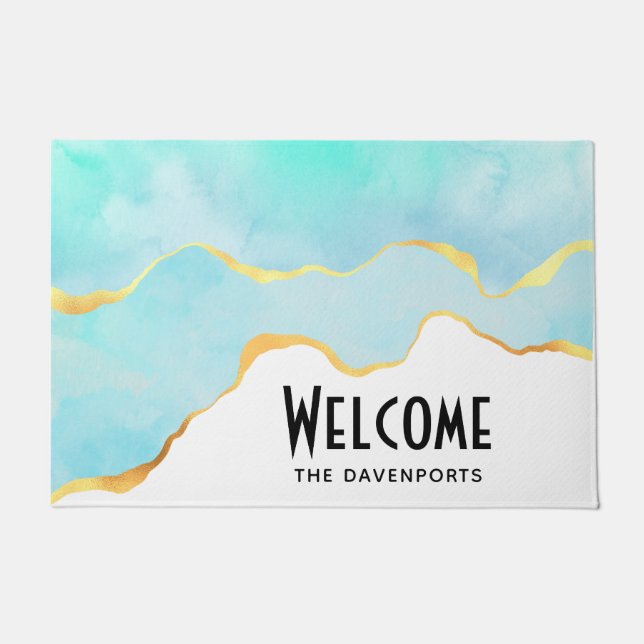 Ruhiges tropisches grünes Blau mit goldenen Grenze Fußmatte (Vorderseite)