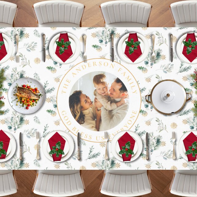 Ruhm zu Gott Bible Verse Weihnachtsgrün Tischdecke (Religious Christmas tablecloth with Glory to God Bible verse, family photo and winter greenery)