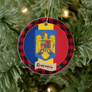 Rumänien, Roter Büffel, karierte und rumänische Fl Keramik Ornament