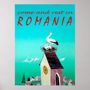 Rumänien, Storchennest am Dorfwächturm, Vintag Poster