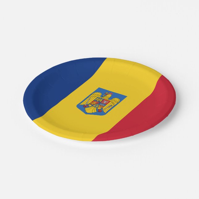 Rumänische Fahnenwappen Pappteller (Schrägansicht)