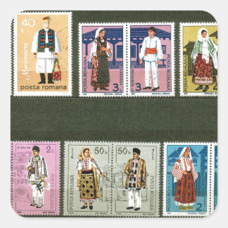 Rumänische Trachten auf Briefmarke Quadratischer Aufkleber