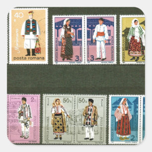 Rumänische Volkskostüme auf Briefmarken Quadratischer Aufkleber