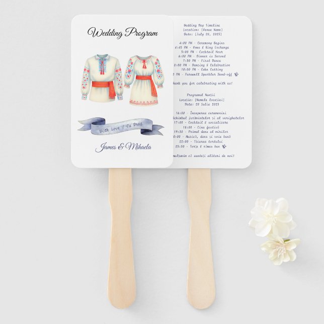Rumänisches zweisprachiges Hochzeitsprogramm Fäche Fächer (Vorne und Hinten)
