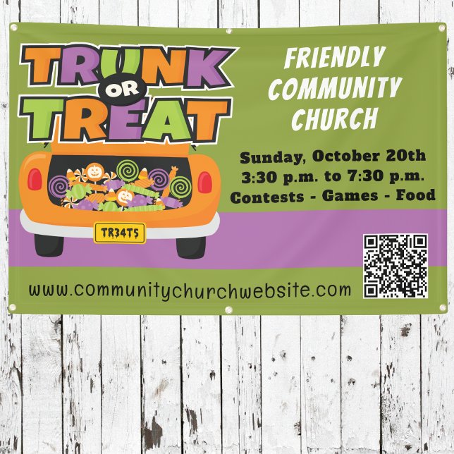 Rumpf- oder Leckerei-Halloween-Banner Banner (Colorful Trunk or Treat banner with QR code, event details & kid-friendly Halloween design.)