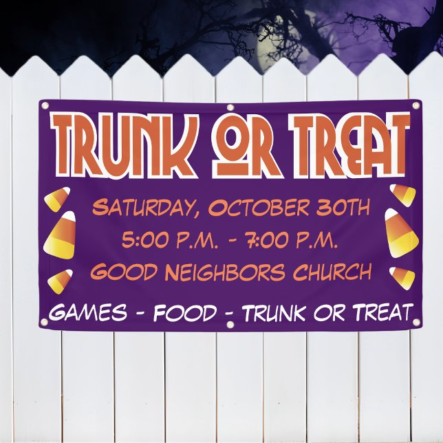 Rumpf oder Leckerei Halloween Candy Corn Banner (Fun trunk or treat banner with candy corn. Invite your community to a church, school or other event.)