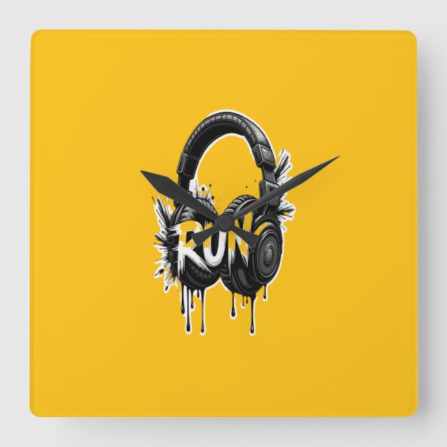 RUN Headphones Street Art Sticker Quadratische Wanduhr (Vorderseite)