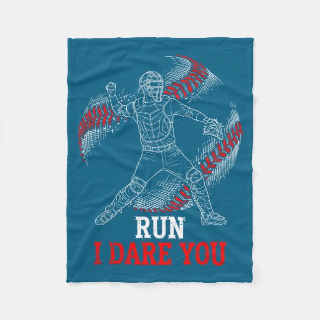 Run I Dare You Funny Baseball Catcher Graphic Play Fleecedecke (Vorderseite)