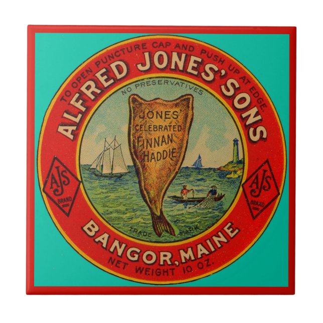 Rund 1900 Alfred Jones Sons Finnan Haddie-Label Fliese (Vorderseite)