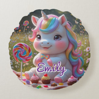 Rund Candy Unicorn Kissen - bestellbarer Name