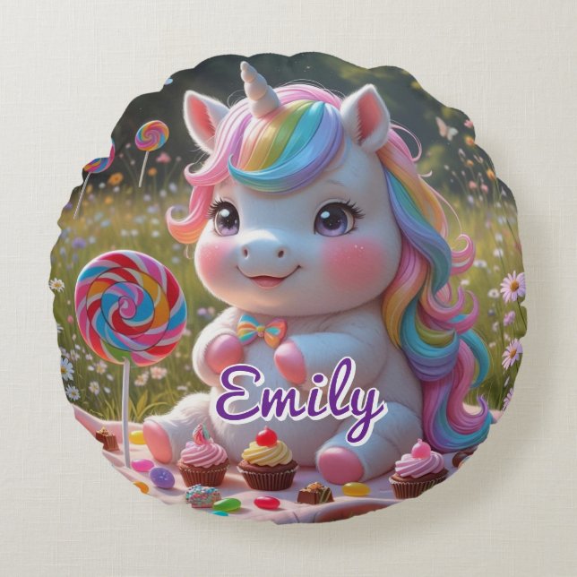 Rund Candy Unicorn Kissen - bestellbarer Name (Vorderseite)