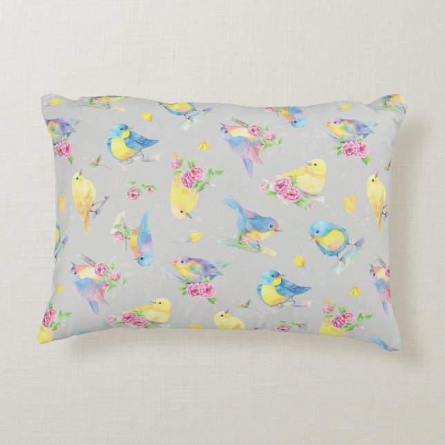 Rund Pillow Watercolor Vögel und Blume Nahtlos Dekokissen (Rückseite)
