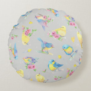 Rund Pillow Watercolor Vögel und Blume Nahtlos Rundes Kissen
