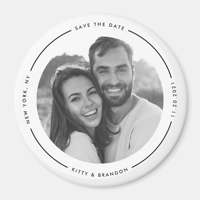 Rund Schwarzweiß Save the Date mit Foto Magnet (Vorne)