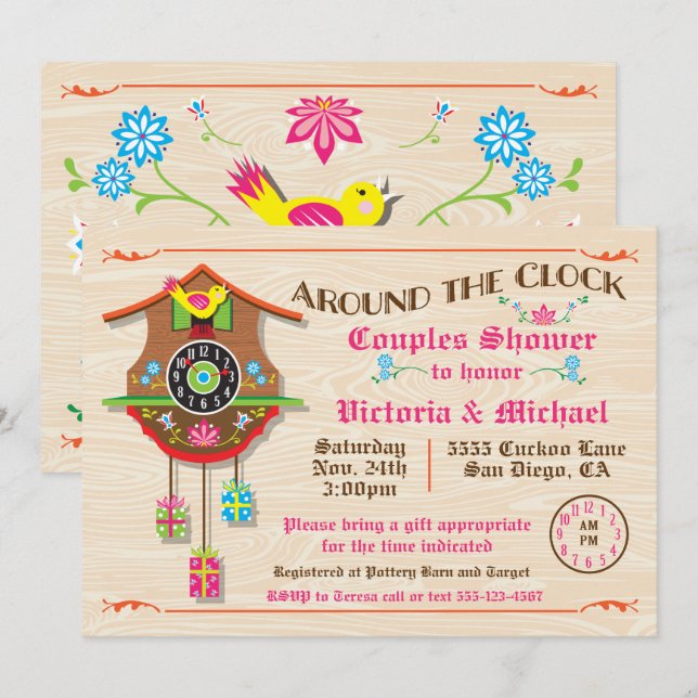 Rund um die Uhr Brautparty Folk Art Cuckoo Inv Einladung (Vorne/Hinten)