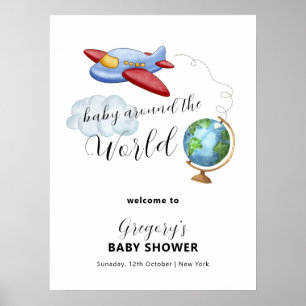 Rund um die Welt Karte Flugzeug Babyparty Willkomm Poster