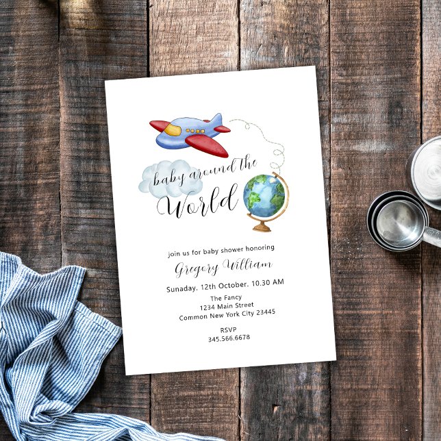 Rund um die World Map Airplane Babydusche Einladung (Around The World Map Airplane Baby Shower Invitation)