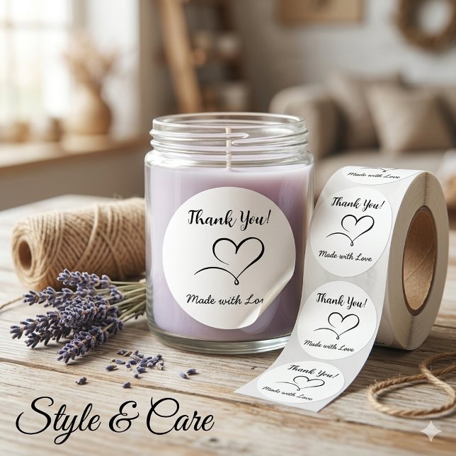 Rundaufkleber mit Liebe Runder Aufkleber (Round Label Sticker with Made with Love Message)