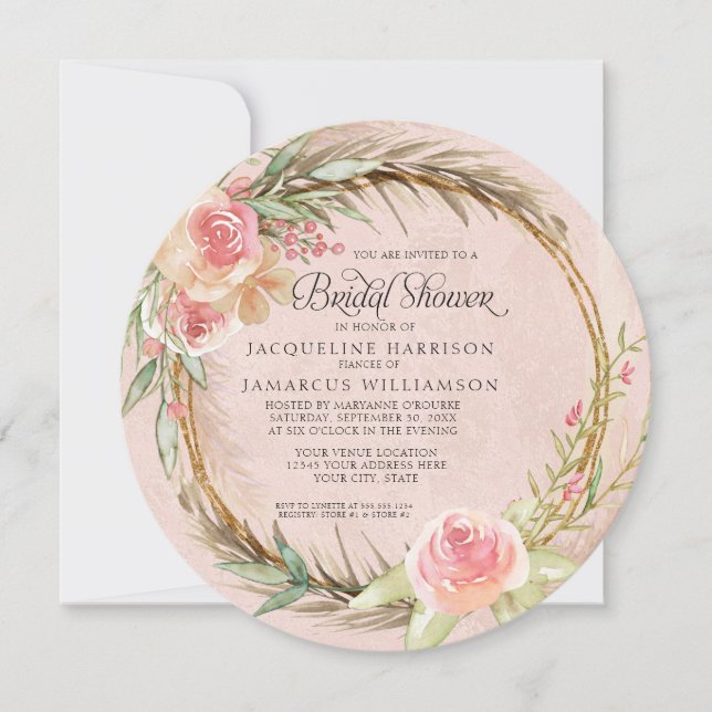 Runde BOHO Floral Pampas Pink Aquarellbrand Einladung (Vorderseite)