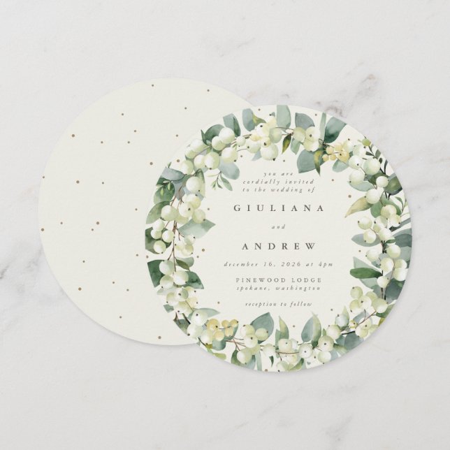Runde Creme Snowberry+Eukalyptus Wreath Wedding Einladung (Vorne/Hinten)