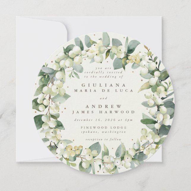 Runde Creme Snowberry + Eukalyptus Wreath Wedding Einladung (Vorderseite)
