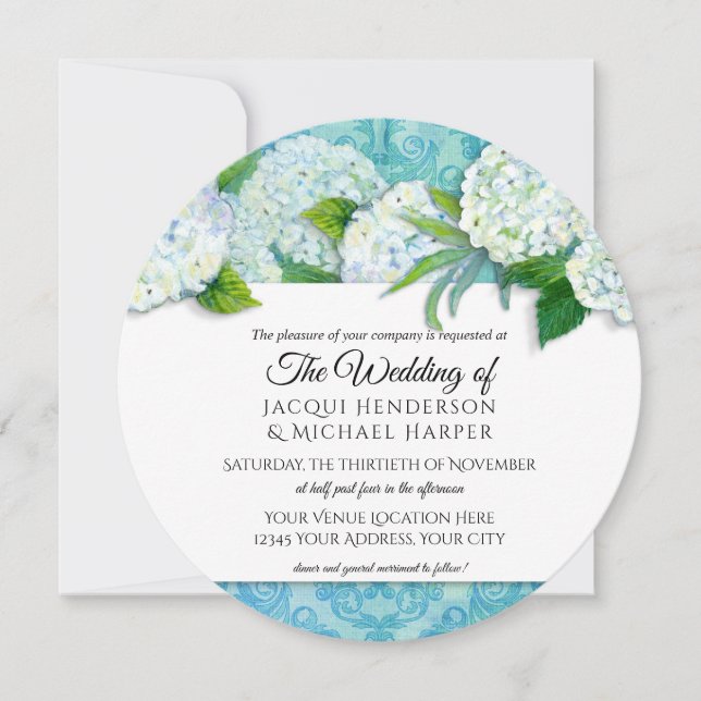 Runde Elegant Damask Hydrangea Aqua Floral Wedding Einladung (Vorderseite)