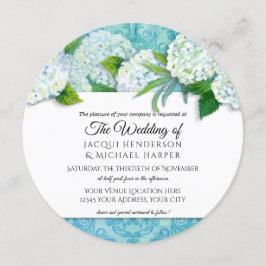 Runde Elegant Damask Hydrangea Aqua Floral Wedding Einladung