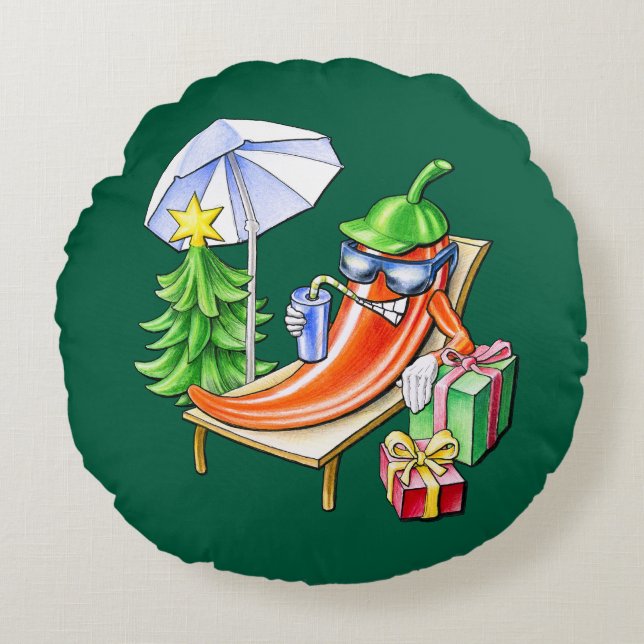 Runde grüne Weihnachten Chili Sonnenbaden Rundes Kissen (Vorderseite)
