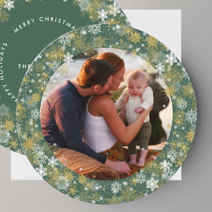  Runde grüne Weihnachts-Schneeflocken-Foto Feiertagskarte