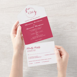 Runde klassische Viva Magenta Monogramm-Hochzeit All In One Einladung
