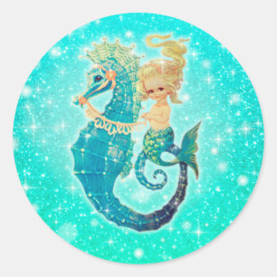 Runde Mermaid Seepferd Aqua Stickers
