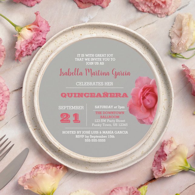 Runde Rose Gray Quinceañera Einladung (Von Creator hochgeladen)