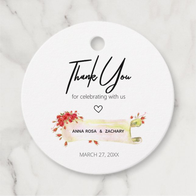 *~* Runde Rote Rose Blumenkohl Blume Vielen Dank f Geschenkanhänger (Vorderseite)