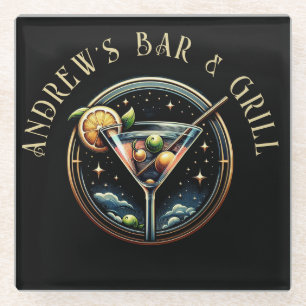 Runde Schwarz & Gold Martini-Logos Bar & Grill Glasuntersetzer