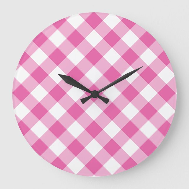 Runde Uhr: Rosa, weißer Karo Gingham Große Wanduhr (Vorderseite)