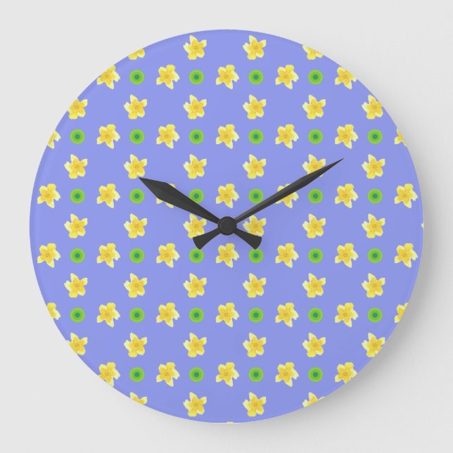 Runde Wall-Uhr: Primrosen auf Violet Blue, Polkas Große Wanduhr (Vorderseite)