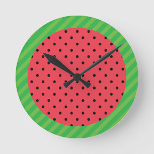 Runde Wassermelonen-Scheibe, rosa schwarze Polka-P Wanduhr