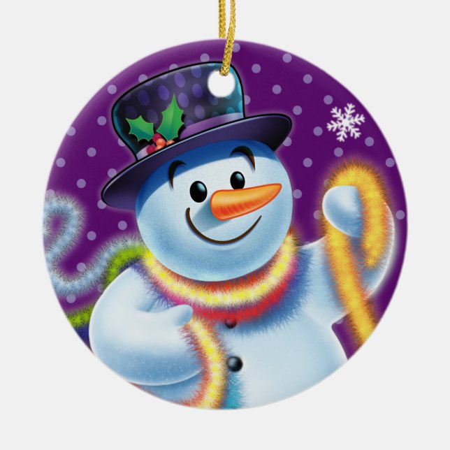 Runde Weihnachtsbaumdekoration Snowman & tinsel. Keramik Ornament (Vorne)