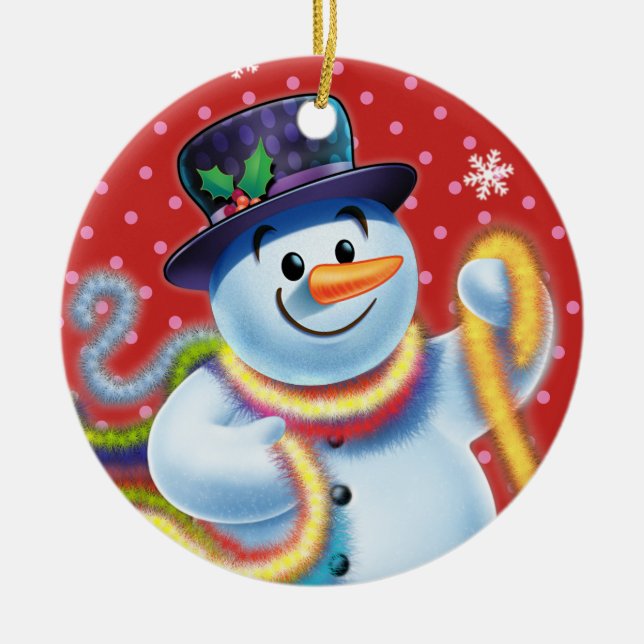 Runde Weihnachtsbaumdekoration Snowman & tinsel. Keramik Ornament (Vorne)