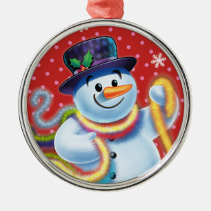 Runde Weihnachtsbaumdekoration Snowman & tinsel. Ornament Aus Metall
