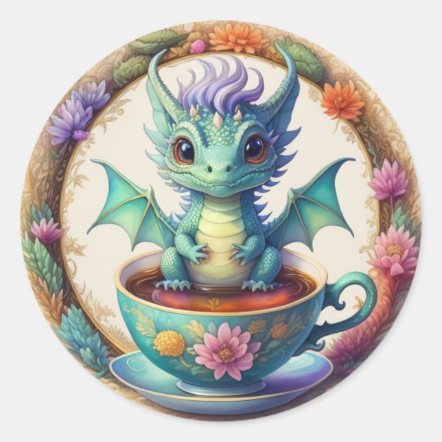 Runder Babydrache im Teacup Runder Aufkleber (Vorderseite)