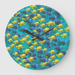 Runder Blau & Gelber Fisch Wanduhr